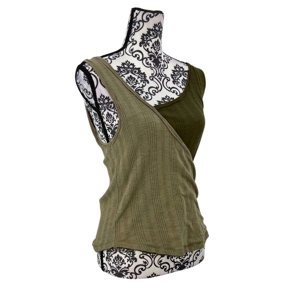 Pilcro Dual Tone Asymmetrical Tank Top Olive Green Ribbed Sustainable Cotton, S - Picture 5 of 12